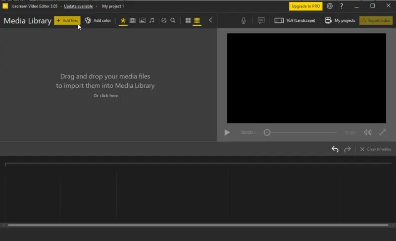 Icecream Video Editor: Media Library и кнопка Add files